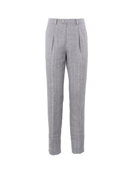 Shop BRUNELLO CUCINELLI  Trousers: Brunello Cucinelli leisure fit trousers in linen, wool and silk pinstripe with pleats.
Zip closure with button, metal hook and counter button.
"American" front pockets.
Rear welt pockets.
Pincers.
Bottom 18.5 cm.
Lining up to the knee.
Leisure fit: crotch and pelvis are soft and the volumes on the leg are tapered.
Composition: 74% linen, 24% wool, 2% silk.
Made in Italy.. MW461L00H-C2011